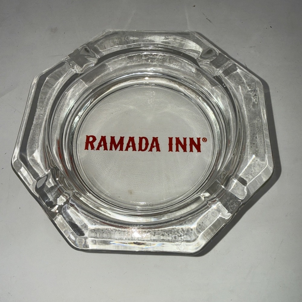 Vintage RAMADA INN Ashtray Heptagon Hotel Advertising 4.5 In Clear Glass 4 Slot